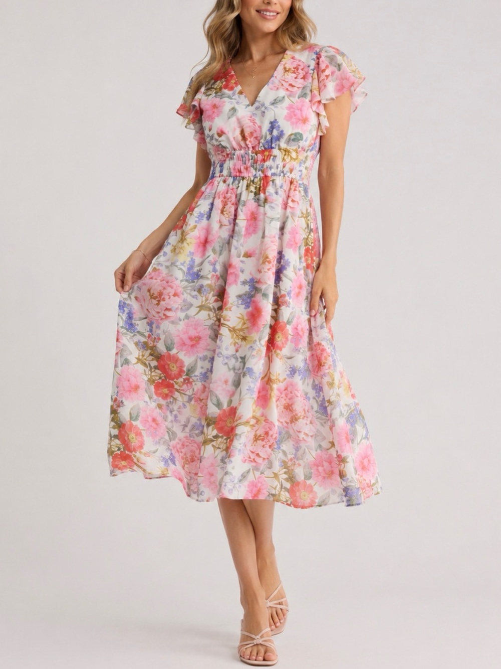 Eliza J Floral V-Neck Midi Dress in White, Pink, Red and Purple